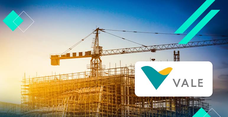 Photo with a view from above of a Vale employee in the middle of a plantation. The employee is looking up and is wearing a helmet, goggles, Vale uniform and green vest